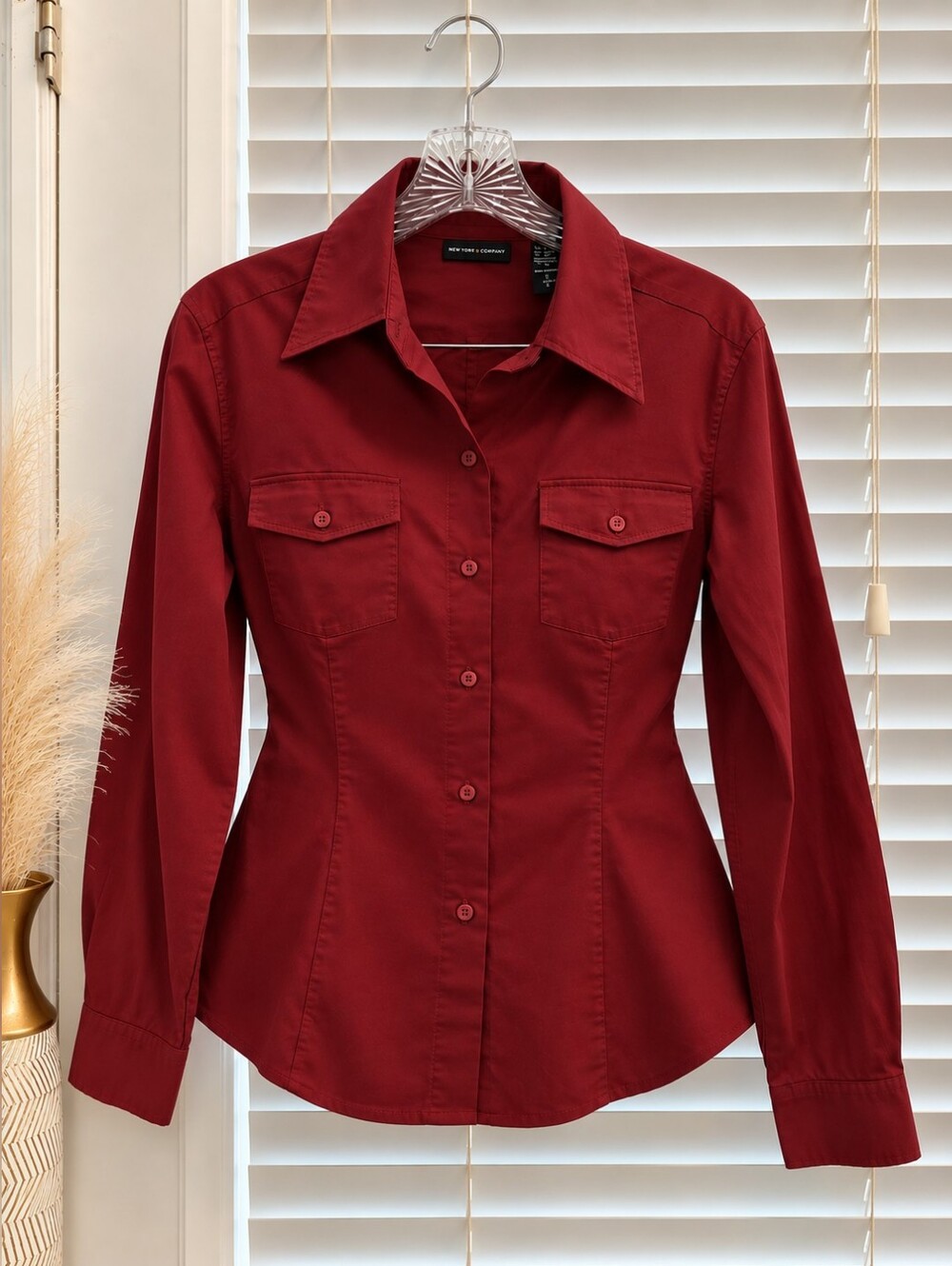 New York & Company Burgundy Fitted Button-Down Shirt